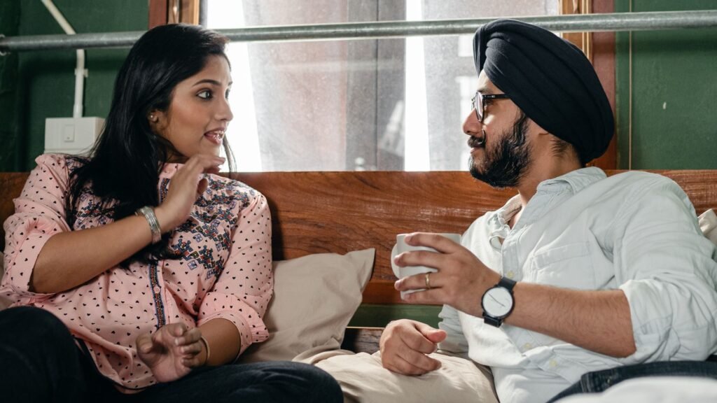 Couple having a calm conversation on the couch