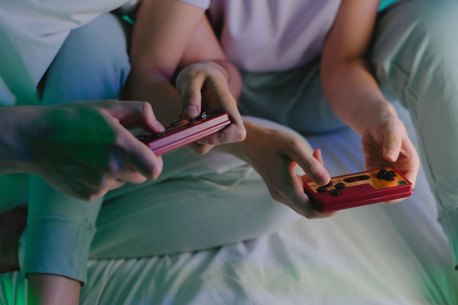 Couple sitting together during an evening game night at home